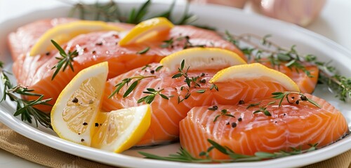 Wall Mural - Succulent salmon fillet adorned with fresh herbs and lemon, presented elegantly for a gourmet meal