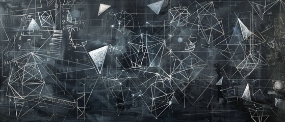 Abstract geometric shapes and lines interconnected on a dark background, creating a complex web of artistic patterns and designs.