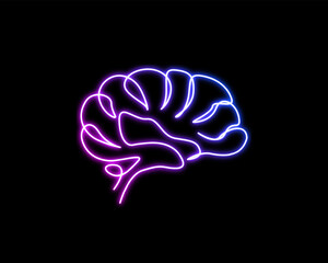 Wall Mural - Neon light glow brain line art. Continuous one line drawing of human brain. Psychology, idea and intelligence concept.