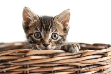 Wall Mural - Cute, alert tabby kitten gazes curiously from inside a wicker basket, isolated on a white background, capturing the essence of innocent feline charm and playful curiosity