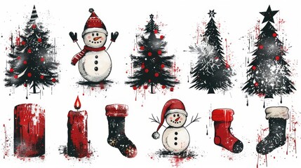 Wall Mural - A set of Christmas elements made using black spray paint moderns. Graffiti, grunge elements such as Christmas tree, sock, snowman, santa hat, glove on white background. Use for designs, cards, or