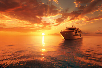 Wall Mural - A cruise ship glides through the ocean at sunset during a summer vacation