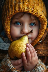 Wall Mural - a child eats a pear close-up. Selective focus