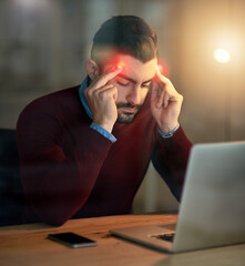 Aufkleber - Businessman, laptop and smartphone with headache for overwork, remote job and web conversation. Burnout, male person and mobile technology frustrated for networking online and internet forum