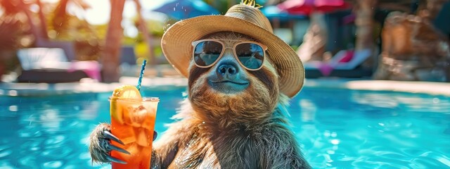 Wall Mural - a sloth in a hat drinks a cocktail on the background of a swimming pool. Selective focus