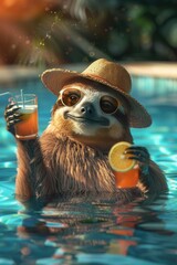 Wall Mural - a sloth in a hat drinks a cocktail on the background of a swimming pool. Selective focus