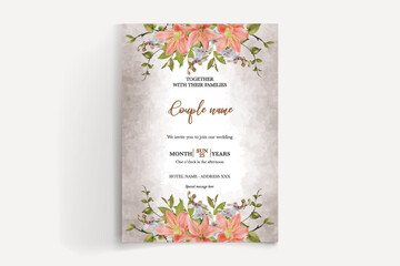 Wall Mural - WEDDING INVITATION FRAME WITH FLOWER DECORATIONS AND FRESH LEAVES 