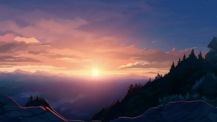 Wall Mural - An animation illustrating a breathtaking sunrise over a mountain range, with detailed pixel art of the changing sky and landscape.