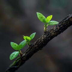 Wall Mural - A closeup of young green leaves sprouting from an old branch