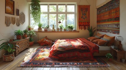 A hyper-realistic bohemian chic bedroom, vibrant colorful textiles, hanging plants, unique vintage furniture, intricate patterned rugs, eclectic decor, soft natural lighting.