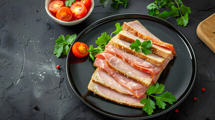 Wall Mural - slices of square sandwich ham on plate on a dark background. top view. copy space for text