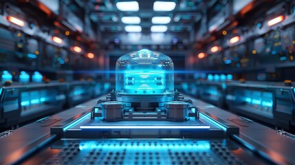 Quantum computer with illuminated cores and futuristic blue lights