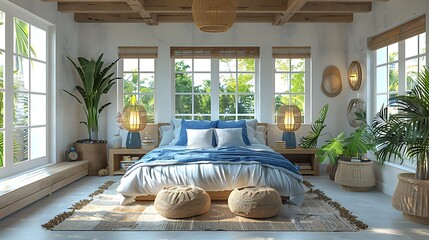 Wall Mural - A hyper-realistic coastal beach bedroom, white walls, ocean blue and sandy beige bedding, nautical decor, large windows with views of the beach, light wood furniture, soft natural lighting.