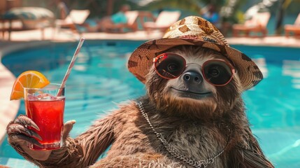 Wall Mural - a sloth in a hat drinks a cocktail on the background of a swimming pool. Selective focus