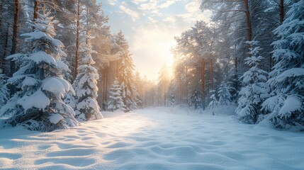 Wall Mural - Winter wonderland forest with snow-covered trees and soft snowfall, perfect for holiday backgrounds