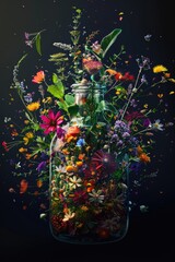 Wall Mural - medicinal herbs flowers jar. Selective focus