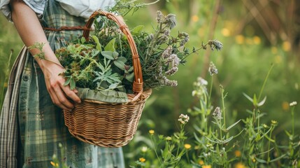 Wall Mural - a woman collects medicinal herbs in a basket. Selective focus