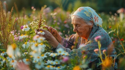 Wall Mural - an elderly woman collects medicinal flowers. Selective focus