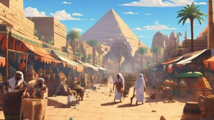 Wall Mural -  An animation showcasing a bustling market in ancient Egypt, with merchants, camels, and iconic pyramids in the background, all rendered in pixel art