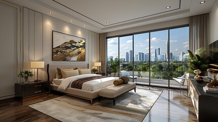 Wall Mural - A hyper-realistic contemporary glam bedroom, white walls, sleek black bed frame with gold accents, luxurious white and gold bedding, chic black nightstands with gold lamps.