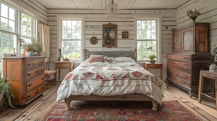 Wall Mural - A hyper-realistic farmhouse chic bedroom, shiplap walls painted white, antique quilt with floral designs, rustic barn wood bed, vintage wooden dresser, large windows with natural light.