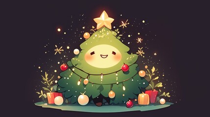 Poster - A delightful kawaii Christmas tree sporting a cheerful grin awaits you This adorable green tree is beautifully adorned with festive decorations exuding a playful and joyous vibe Illustrated 