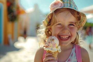 Wall Mural - adorable smiling child enjoying delicious ice cream cone joyful summer treats lifestyle photography