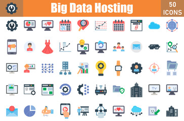 Canvas Print - Set of 50 Big Data Hosting flat icons set. Workshop outline icons with editable stroke collection. Include Setting, Pie Chart, Heartbeat monitoring, Schedule, Investigate, Graph, Url, Cloud, Service