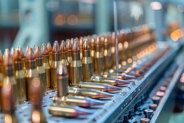 Wall Mural - ammunition assembly line with bullets shallow depth of field industrial abstract photo