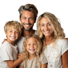 Portrait of happy family smiling together, father and mother hugging their son and daughter full of love and care, isolated on transparent background