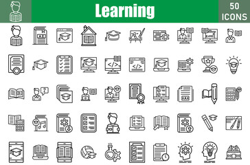 Set of 50 Learning line icons set. Workshop outline icons with editable stroke collection. Include read, exam, study, checklist, elearning, campus