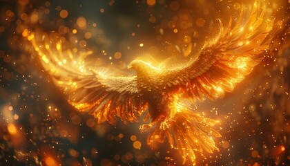 Wall Mural - A red bird with gold feathers flying through a fiery sky by AI generated image