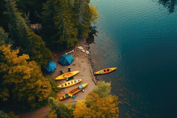 Wall Mural - Nature's Playground: Kayaks and Canoes by the Lake