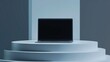 © Екатерина Чумаченко - Sophisticated laptop on a white podium with a dark screen, set in a minimalist environment, ideal for tech presentations. 3D Render