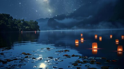 Wall Mural - A pristine lake shimmers under moonlight, adorned with Ayurveda lanterns releasing soothing herbal scents.