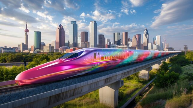 a high-speed train transformed into a work of art, its sleek lines and bold colors standing out against the backdrop of a futuristic skyline, a vision of tomorrow today. --ar 16:9 --style raw 