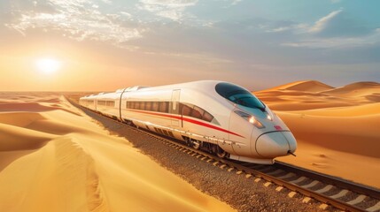 Wall Mural - a high-speed train crossing a vast desert landscape, the golden sands shimmering in the sunlight, a journey through timeless beauty and solitude. --ar 16:9 --style raw 