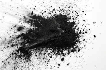 fine black charcoal dust particles scattered on white background top view