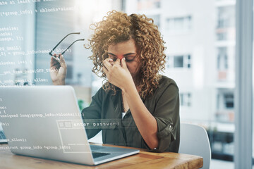 Business woman, headache and laptop with stress on overlay for anxiety, strain or pressure at office. Tired, young or frustrated female person and software developer with migraine, code or depression
