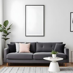 Frame mockup, ISO A paper size. Living room poster mockup. Modern interior design. Living room Interior mockup with house background. 3D render