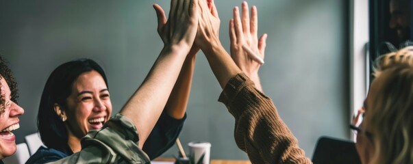 A team celebrating a successful project with high-fives and smiles in a conference room.