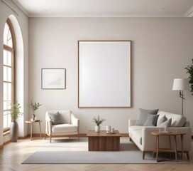 Frame mockup, ISO A paper size. Living room poster mockup. Modern interior design. Living room Interior mockup with house background. 3D render