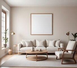 Frame mockup, ISO A paper size. Living room poster mockup. Modern interior design. Living room Interior mockup with house background. 3D render