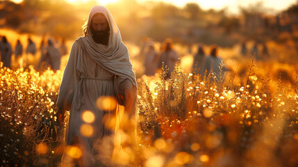 Wall Mural - Christ and the Apostles go to preach in the Jewish cities. Men walk through a meadow landscape. Bible times