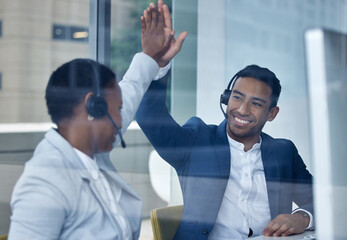 Fototapete - High five, call centre agent and success for coworker in office, sale and achievement for target. Telemarketing, victory and support of colleague, headphones or customer service man and female person