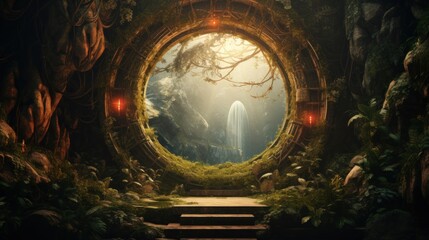 Wall Mural - Mystical fantasy forest landscape with magic portal.