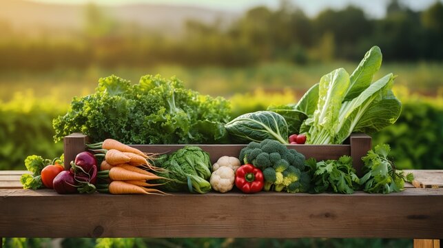 A close-up shot of a wooden box with harvested vegetables against a blurred background of farm fields. Banner for agricultural festival, thanksgiving, harvest month.