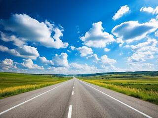 Wall Mural - Clouds drift lazily above an empty rural road in summertime