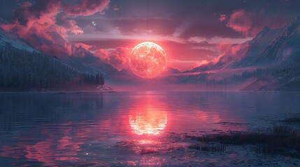 A large red moon is reflected in the water