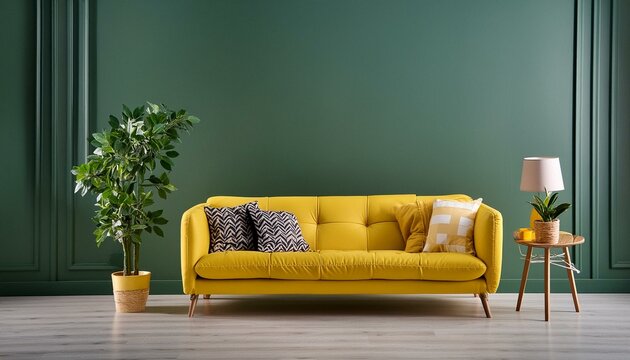 Modern living room with dark green wall background and yellow sofa - 3D
